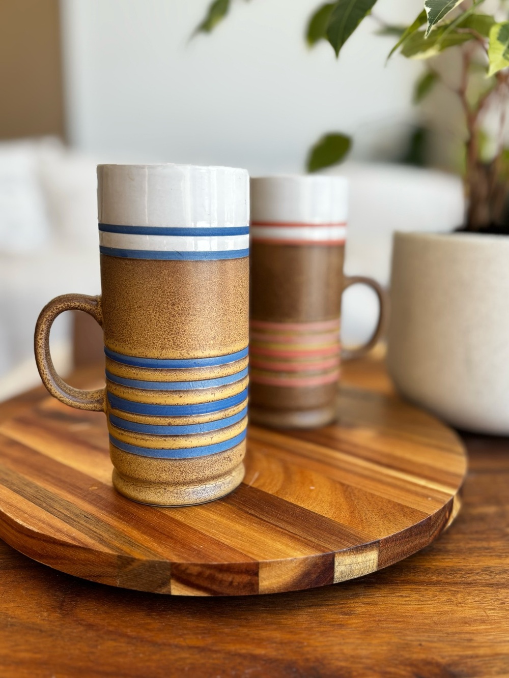 Vintage Stoneware Coffee Mugs with Blue and Coral Stripes